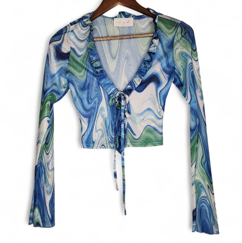 Mesh Crop Tie Top by New Pink in Blue Marble Swirl Size S